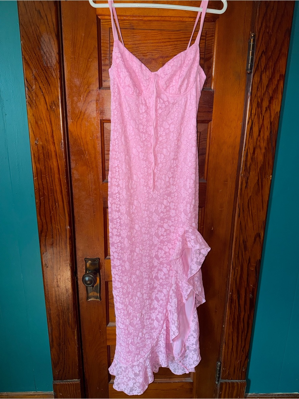 Pink Floral Lace Ruffle Slip Dress